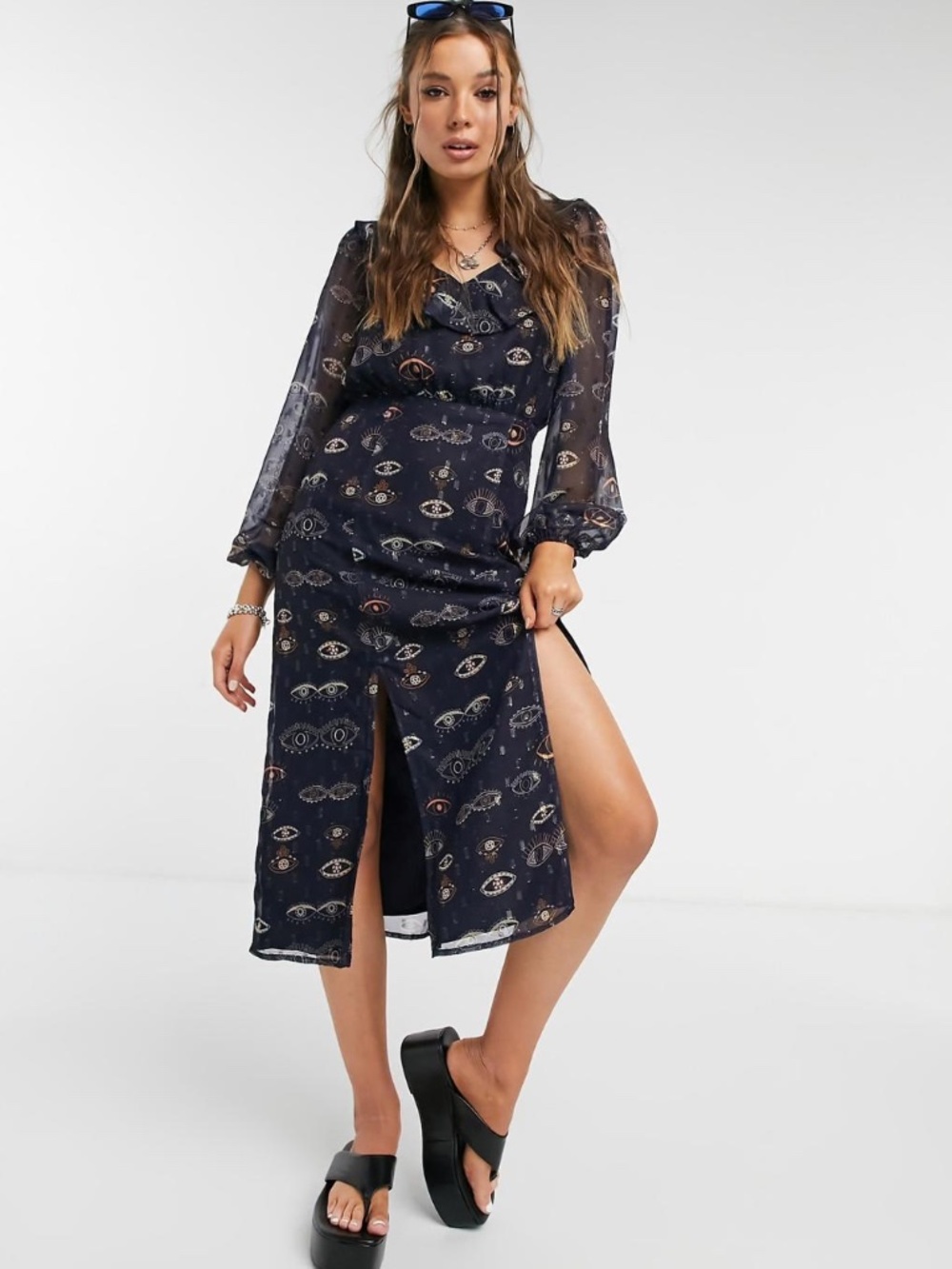 Never Fully Dressed Ruffle Collar Eye Print Midi Dress - size 10
